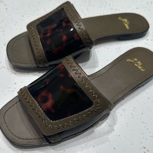 Never been worn J.Crew Tortoise and Olive Green Single Strap Slide Sandal.